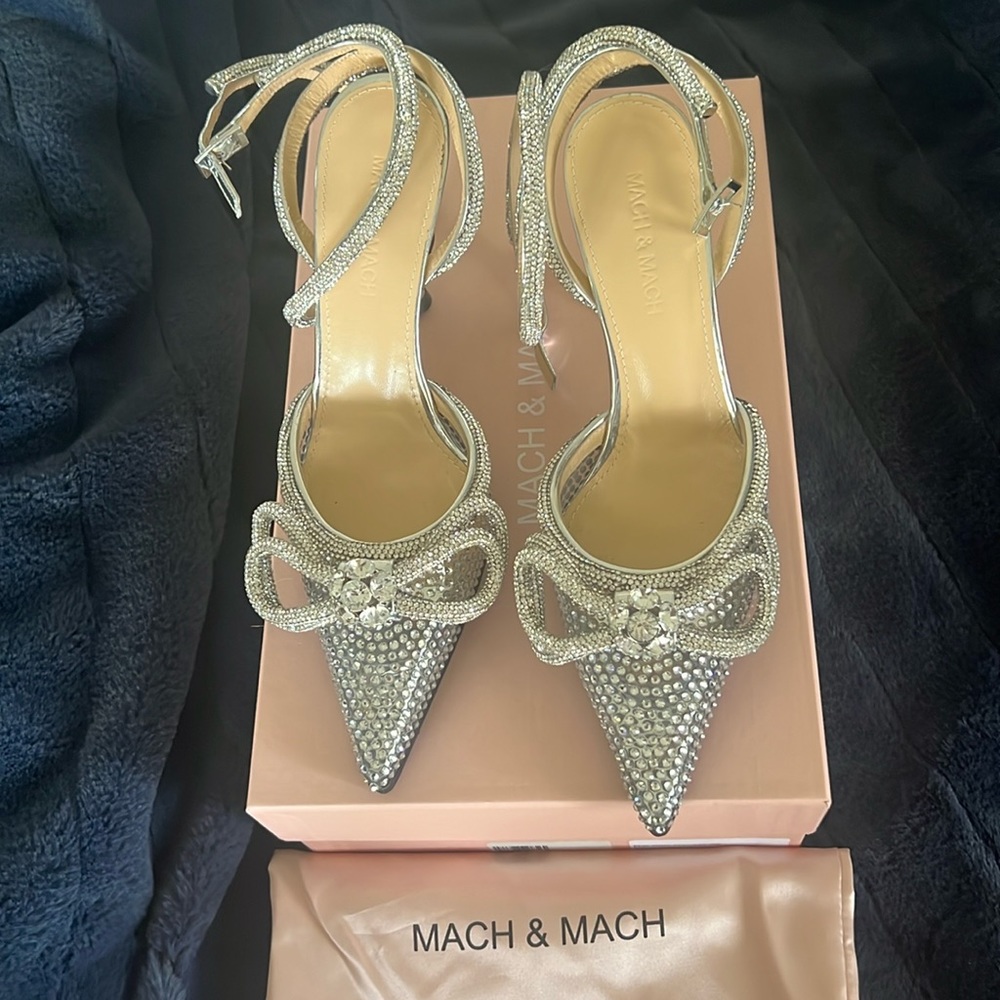 Mach & Mach silver size 36.5 crystal heels in excellent condition.